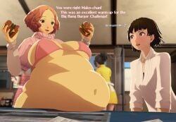 2girls 3d bbw bikini breasts clothing dialogue fat female female_only haru_okumura huge_belly huge_breasts human large_breasts makoto_niijima morbidly_obese overweight overweight_female pale_skin persona sirsaltshaker text weight_gain