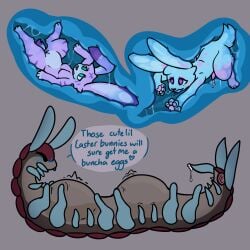 1:1 antennae_(anatomy) anthro arthropod blush bodily_fluids breasts bubblegum_(taylore) centipede cum cupoflavender digital_media_(artwork) erection female fur genital_fluids genitals group gynomorph gynomorph/male hi_res holding_belly intersex intersex/male lagomorph lavender_(cupoflavender) leaking_cum leporid male male/female mammal multi_limb myriapod nude open_mouth penis pussy rabbit tail tapering_penis text trans_(lore) trans_woman_(lore) trio vore vulva