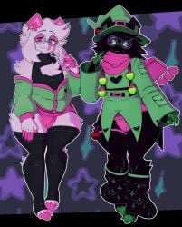 3d_(artwork) anthro black_body black_clothing black_fur black_horn black_legwear black_sweater black_thigh_highs black_topwear bottomwear bovid bulge caprine cleavage_cutout clothing coat cryptiacurves cutout darkner deltarune digital_media_(artwork) duo eyeshadow eyewear fangs femboy fur glasses goat green_clothing green_coat green_eyes green_hooves green_topwear hat headgear headwear hi_res hooves horizontal_pupils horn hotpants leg_warmers legwear looking_at_viewer makeup male male_only mammal pink_bottomwear pink_clothing pink_eyes pink_eyeshadow pink_hooves pink_horn pink_scarf pink_shorts posing potion_bottle pupils ralsei ralsei_(cryptiacurves) ralsei_with_black_fur ralsei_with_white_fur round_glasses scarf sfw_version shorts skindentation smile smiling_at_viewer sweater teeth thick_thighs thigh_highs toeless_thigh_highs topwear undertale_(series) wearing_glasses white_body white_fur wide_hips witch_hat