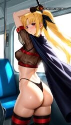1girls ai_generated arms_up ass ass_focus bardiche_(nanoha) big_ass black_cape black_gloves black_panties black_ribbon black_thighhighs blonde_hair blush breasts cape closed_mouth covered_nipples crop_top dress fate_testarossa female female_only fingerless_gloves from_behind gloves hair_ribbon highleg highleg_panties holding holding_weapon light-skinned_female light_skin long_hair looking_at_viewer looking_back lyrical_nanoha magical_girl mahou_shoujo_lyrical_nanoha medium_breasts meitabuu panties red_eyes ribbon see-through see-through_shirt short_sleeves smile solo standing string_panties thighhighs thighs thong train_interior twintails underwear weapon window