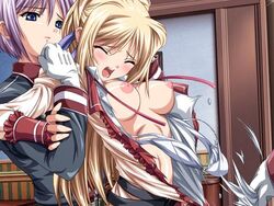 assisted_rape blonde_hair blue_eyes breasts closed_eyes embarrassed forced from_behind game_cg helpless imminent_rape long_hair military_uniform nipples open_clothes open_shirt purple_hair restrained ryoujoku_guerilla_gari shironeko_sanbou shirt suck_my_dick_or_die! torn_clothes uniform white_gloves