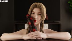 1boy 1girls 3d aerith_gainsborough azexnsfw blender braided_ponytail brown_hair cock cute cute_face dark-skinned_male dark_skin dick eye_contact female final_fantasy final_fantasy_vii final_fantasy_vii_remake green_eyes indoors interracial light-skinned_female light_skin lipstick lipstick_mark lipstick_on_penis long_hair male male/female male_pov penis ponytail pov pov_eye_contact red_lipstick smile straight