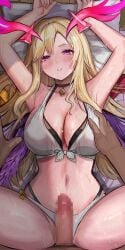 1boy absurdres bikini black_choker blonde_hair breasts censored choker cleavage commentary_request detached_horns efuri_(riarea00) female grabbing_another's_breast groping head_on_pillow highres large_breasts long_hair looking_at_viewer lucifer_(monster_strike) lying monster_strike mosaic_censoring navel on_back on_bed penis pillow pov pov_crotch pov_hands purple_eyes purple_wings solo_focus stomach swimsuit thighs white_bikini wings