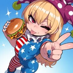 ai_generated blue_nails clown clownpiece female hamburger jester one_piece_suit peace_sign red_eyes slopanonai small_breasts tagme tongue_out touhou touhou_project wink