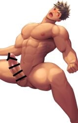 1boy abs absurd_res ass_visible_through_thighs balls bara beefy biceps big_areola big_breasts big_penis blush breasts brown_hair completely_nude crouching erection frown gay hi_res huge_breasts huge_cock hunk long_penis looking_at_viewer male male_breasts male_only manly mature_male meisho_hanten muscles muscular muscular_arms muscular_male navel no_body_hair oppai original original_character pecs penis penis_bigger_than_head red_eyes retracted_foreskin short_hair six_pack spiky_hair sweat sweatdrop thick_penis triceps uncircumcised uncut very_high_resolution white_background yaoi