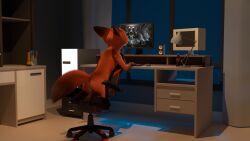 16:9 3d_(artwork) anthro anus anus_only ass blender_(artwork) brown_body brown_fur canid canine computer_monitor desk digital_media_(artwork) dipstick_tail disney fluffy fluffy_tail fox fur furniture furniture_lamp gaming_chair male mammal markings nick_wilde nude orange_body orange_fur rayverak red_fox solo table tail tail_markings true_fox widescreen zootopia