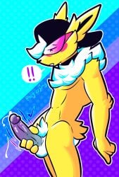 anthro balls blush bodily_fluids digital_media_(artwork) eeveelution erection fan_character fizzyjay fur generation_1_pokemon genitals hi_res jay_(fizzyjay) jolteon male mammal masturbation nintendo nude penile penile_masturbation penis pokemon pokemon_(species) simple_background solo yellow_body yellow_fur