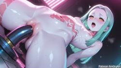 ai_generated amoraart arched_back bedroom blush cum cybernetic_body cybernetic_scars cyberpunk:_edgerunners cyberpunk_2077 dildo dripping_fluids female green_hair looking_up nipples open_mouth penetration pink_lighting pussy rebecca_(edgerunners) sci-fi_room sex_machine small_breasts sweaty vaginal_penetration yellow_eyes