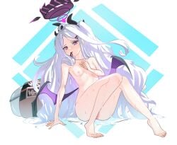 absurdres ahoge black_halo blue_archive breasts completely_nude demon_girl demon_horns demon_wings female halo highres hina_(blue_archive) hina_(swimsuit)_(blue_archive) horns innertube long_hair looking_at_viewer mepopon nipples nude purple_eyes pussy sitting small_breasts solo swim_ring whistle white_hair wings