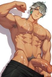 abs ai_generated alhaitham_(genshin_impact) cum_on_pectorals cum_on_penis genshin_impact hairy_armpits solo thick_penis