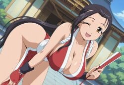 1girls ai_generated amaenaideyo amaenaideyo!! bending_over black_hair breasts brown_eyes cleavage cosplay cosplaying_as_character crossover fan fanart female king_of_fighters large_breasts looking_at_viewer mai_shiranui mature_female miyako_amanogawa outdoors ponytail posing swapped_clothes wink