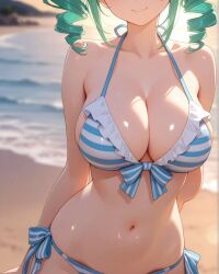 2025 ai_generated beach_background belly blue_and_white_striped_bikini blue_bikini closed_mouth green_hair_female hands_behind_back instagram looking_at_viewer meta mouth_closed smile_at_viewer smiling_at_viewer ten01c tummy unknown_character white_bikini