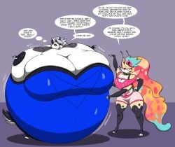 2girls anthro bbw big_breasts blue_dress breasts cleavage dress ears female fingerless_gloves fox fox_girl furry grey_body grey_fur grey_hair hellhound helluva_boss huge_breasts inflation lj_caffie long_hair loona_(helluva_boss) overweight queen_bee-lzebub_(helluva_boss) tagme tail thick_thighs two_tone_body two_tone_fur two_tone_tail white_body white_fur wide_hips wolf wolf_girl