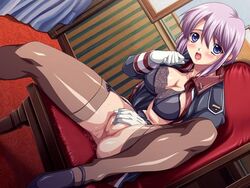 black_bra black_lingerie blue_eyes blush bra chair embarrassed game_cg legwear lingerie masturbation military_uniform open_clothes open_mouth open_shirt purple_hair pussy ryoujoku_guerilla_gari shirt stockings suck_my_dick_or_die! sweat thighhighs uncensored underwear uniform white_gloves