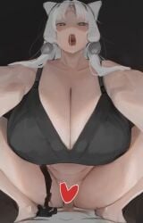 :o animal_ears bad_id bad_twitter_id beads black_background black_bra black_panties bra breasts censored cleavage collarbone commentary_request cowgirl_position female grey_eyes hair_beads hair_ornament heart heart-shaped_pupils heart_censor highres huge_breasts inactive_account long_hair open_mouth oruka_(kamituki0827) panties panties_around_one_leg parted_bangs penis sex solo_focus squatting straddling symbol-shaped_pupils teeth touhoku_itako underwear vaginal_penetration voiceroid white_hair