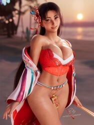 1girls 2025 3d beach_background big_breasts billyhhyb bottomless bottomless_female breast_squish breasts_pressed_together brown_eyes brown_hair corset_bra cowboy_shot curvaceous curvaceous_female detailed_background female female_only front_view hair_ornament holding_fan kimono_removed king_of_fighters lipstick long_eyelashes long_hair looking_at_viewer mai_shiranui mai_shiranui_(street_fighter_6) name_plate navel outdoor_nudity outdoors pubic_stubble rope_belt rope_knot shaved_pussy small_waist smile solo standing street_fighter street_fighter_6 thighs tight_corset very_long_hair wide_hips