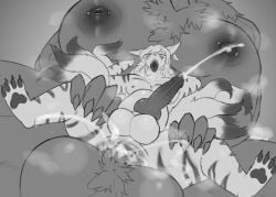 absurd_res animal_genitalia anthro anus big_dom_small_sub bodily_fluids breasts breath canid canine cum cum_inside digitigrade dominant duo femboy fox genital_fluids genitals greyscale gynomorph herm hi_res holding_breast intersex intersex/male knot knotted_penis leaking leaking_cum litehase male mammal monochrome multi_tail nude pawpads penis pubes sheath simple_background size_difference stomach_bulge tail
