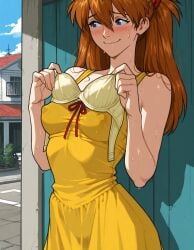 1girls ai_generated asuka_langley_sohryu blush blushing bra bra_removed close-up dress erect_nipples erect_nipples_under_clothes exhibitionism neon_genesis_evangelion outdoors outside presenting sundress sunny sweat sweating undressing yellow_dress