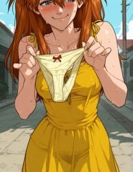 1girls ai_generated asuka_langley_sohryu blush close-up dress erect_nipples erect_nipples_under_clothes exhibitionism neon_genesis_evangelion outdoors outside panties panties_removed presenting public_indecency sundress sunny sweat sweating undressing yellow_dress