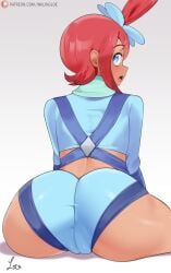 1girls artist_name artist_signature ass blue_eyes game_freak inklingloe large_ass looking_at_viewer looking_back looking_back_at_viewer nintendo open_mouth pokemon pokemon_bw red_hair shadow simple_background sitting skyla_(pokemon) solo solo_female solo_focus