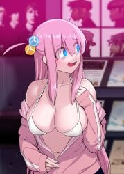 1girls @_@ absurdres bags_under_eyes big_breasts blue_eyes bocchi_the_rock! bra breasts collarbone covered_erect_nipples embarrassed eyebrows_hidden_by_hair female female_focus gorillaz gotoh_hitori gotou_hitori hand_on_own_chest highres indoors jacket large_breasts large_variant_set long_hair looking_afar looking_to_the_side navel nervous nervous_smile open_clothes open_jacket open_mouth orgoglioso_banane pink_hair pink_jacket sidelocks sleeves_past_wrists smile solo track_jacket underwear unzipped upper_body variant_set wavy_mouth white_bra