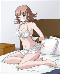 arms_behind_back bangs barefoot bed bikini bondage bondage bound breasts brown_hair cleavage eyebrows_visible_through_hair female frills gag gagged hair_ornament hairclip medium_breasts nanami_chiaki navel on_bed one_eye_closed pillarboxed short_hair sitting solo swimsuit white_bikini