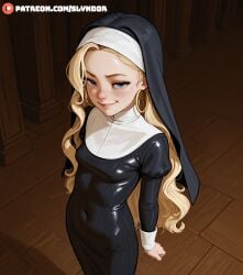 ai_generated beautiful beautiful_girl blonde_female blonde_hair blue_eyes church cute cute_face cute_female cute_girl earring earrings freckles freckles_on_face freckles_on_nose from_above from_above_view horny leather leather_clothing looking_at_viewer mia(slyndor) nun nun_outfit oc original_character patreon patreon_logo patreon_slyndor patreon_username sexy shiny shiny_clothes side_view slyndor small_breasts smirk smirking_at_viewer tight_clothes tight_clothing wavy_hair wooden_floor
