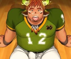 1boy american_football_uniform animal_ears arms_at_sides bara brown_eyes brown_hair bulge covered_nipples cow_boy cow_ears cow_horns cum cum_in_mouth dark-skinned_male dark_skin erection erection_under_clothes facial facial_hair feather_necklace feet_out_of_frame fiery_horns forked_eyebrows from_above glowing_horns goatee green_shirt highres horns implied_yaoi jewelry large_pectorals looking_at_viewer male_focus muscular muscular_male necklace norijaga pectorals pov precum precum_through_clothes shirt short_hair short_sleeves shorts sitting solo spiked_hair sportswear thick_eyebrows tight tight_shirt tokyo_afterschool_summoners tongue tongue_out torogao wakan_tanka white_shorts