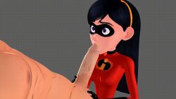 1boy 1girls 3d animated black_hair bodysuit female hair_ornament hairband hand_on_balls hand_on_penis just_the_tip large_penis looking_up male mask oral penis saliva saliva_on_penis slim_waist small_breasts spandex spezvolf sucking_tip the_incredibles tongue violet_parr