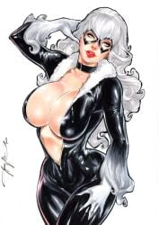 1girls 2020s 2023 black_cat_(marvel) cleavage curvaceous curvy_body curvy_female deep_cleavage ed_benes_studio felicia_hardy female_focus female_only full_cleavage hi_res high_resolution highres huge_breasts jeferson_lima latex latex_suit long_hair marvel marvel_comics milf seductive_look skin_tight spider-man_(series) white_background white_hair