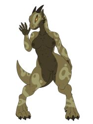 2019 anthro breasts claws female genitals gesture green_body hi_res horn kobold looking_at_viewer lurking_tyger nipples nude pose pussy scalie solo standing waving