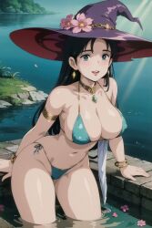 1girls ai_generated bikini black_hair blue_eyes breasts clothing female female_only hat headwear high_resolution large_breasts lingerie mature mature_female retromage solo swimsuit thong underwear very_high_resolution water witch witch_hat