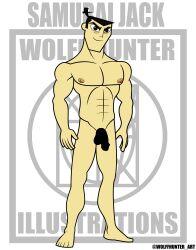 cartoony censored_penis erection male male_nipples male_only male_pubic_hair masculine mature_male muscles muscular_male pecs samurai_jack samurai_jack_(character) smile smiling smooth_skinned_male solo veiny_penis white_background wolffhunter_art