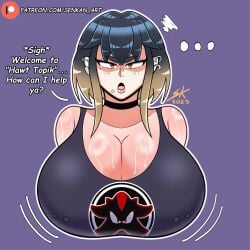 big_breasts blonde_hair choker daughter dyed_hair earrings english english_text goth goth_girl huge_breasts oc original_character pierced_nipples piercing revealing_clothes senkan_art short_hair simple_background sweat sweaty_breasts thick_thighs voluptuous