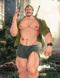 1boy actor bara bara_tiddies bara_tits barazoku big_pecs celebrity comic feet_out_of_frame forest huge_chest huge_pecs in_character joel_miller male male_only markus_von_braunstein muscles muscular muscular_male open_shirt outside pecs pedro_pascal scars short_shorts solo the_last_of_us the_last_of_us_(hbo) thick_thighs woods