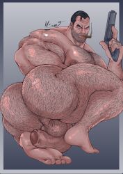 1boy angry anus autofootjob beard big_ass big_breasts big_pecs big_penis hairy human human_only light-skinned_male light_skin male male_only marvel masculine mirovbent muscular_male punisher self_footjob smoking solo solo_male the_punisher thick_ass thick_thighs