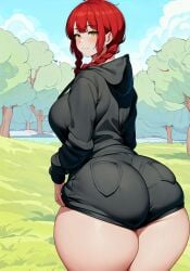 1girls ai_generated ass booty_shorts braided_hair breasts chainsaw_man cropped_hoodie dat_ass female hi_res hips huge_ass huge_breasts long_hair makima_(chainsaw_man) mommy outdoors red_hair short_shorts shorts stable_diffusion thick_thighs thighs wide_hips yellow_eyes