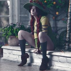 1girls 3d bare_legs female female_focus female_only harry_potter hogwarts_legacy irmrenders mirabel_garlick pinup pinup_pose red_hair sitting solo tagme twin_braids witch witch_hat