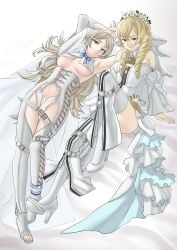 2girls alternate_costume alternate_hairstyle ass_visible_through_thighs blonde_hair breasts bride chaps emilie_de_rochefort_(cosplay) female female_only fire_emblem fire_emblem_awakening grey_hair hair_down high_heels leotard lissa_(fire_emblem) long_hair looking_at_viewer maribelle_(fire_emblem) medium_breasts multiple_girls navel nero_claudius_(bride) nintendo panties pomelomelon revealing_clothes small_breasts smile thighhighs twin_drills underboob underwear wedding_dress white_leotard white_panties zipper