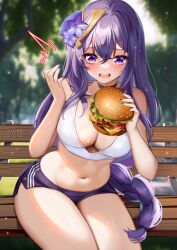 1girls blush booty_shorts braided_hair breasts burger female food genshin_impact holding_object huge_breasts light-skinned_female light_skin long_hair outdoors purple_eyes purple_hair raiden_shogun short_shorts shorts sports_bra sportswear squchan thick_thighs thighs wide_hips