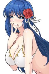 1girls alternate_costume bangs bare_midriff bare_shoulders bikini blue_eyes blue_hair breasts caeda_(fire_emblem) cleavage commentary_request female female_only fire_emblem fire_emblem:_mystery_of_the_emblem fire_emblem:_shadow_dragon_and_the_blade_of_light flower grin hair_flower hair_ornament hair_ribbon hand_up highres large_breasts light-skinned_female light_skin long_hair looking_at_viewer midriff navel nintendo nirainini red_flower red_rose ribbon rose simple_background smile solo stomach swimsuit upper_body v very_long_hair white_background white_bikini white_ribbon white_swimsuit