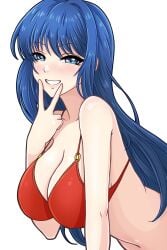 1girls alternate_costume bangs bare_midriff bare_shoulders bikini blue_eyes blue_hair breasts caeda_(fire_emblem) cleavage commentary_request female female_only fire_emblem fire_emblem:_mystery_of_the_emblem fire_emblem:_shadow_dragon_and_the_blade_of_light grin hand_up highres large_breasts light-skinned_female light_skin long_hair looking_at_viewer midriff navel nintendo nirainini red_bikini red_swimsuit simple_background smile solo stomach swimsuit upper_body v very_long_hair white_background