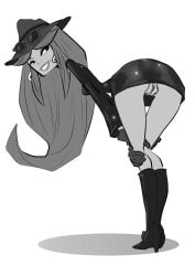 1girls ass bent_over boots dark-skinned_female eduardo_squidwardo grin hat leather_clothing legs lipstick long_hair looking_back milla_vodello monochrome no_panties presenting_hindquarters psychonauts pussy thesquiddycipher thighs white_background