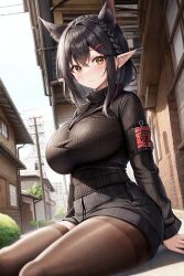 ai_generated amber_eyes arm_band armband black_hair black_sweater breasts city_background elf extra_ears highres large_breasts long_sleeves looking_at_viewer medium_hair pantyhose red_armband shorts sitting solo solo_female solo_focus sweater thighband_pantyhose thighs town town_scenery turtleneck wolf_ears wolf_girl