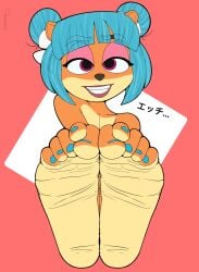 barefoot blue_hair blue_toenails crash_(series) dummycervine feet feet_together feet_towards_viewer foot_fetish foot_focus foot_pussy furry looking_at_viewer megumi_bandicoot smiling_at_viewer toenail_polish toes toes_scrunch wrinkled_feet wrinkled_soles