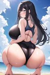 1girls ai_generated ass backboob beach big_breasts black_hair blue_eyes competition_swimsuit feet female huge_ass huge_breasts huge_butt large_breasts long_hair looking_at_viewer looking_back sideboob smile soulgen squatting swimsuit thick_thighs water wet wet_body