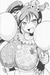 1girls :d aria_(senran_kagura) balloon bangs clown clown_girl crop_top eyebrows_visible_through_hair female ha_jin hair_between_eyes hair_ornament huge_breasts light-skinned_female light_skin long_hair looking_at_viewer monochrome nipple_bulge open_mouth pencil_(artwork) senran_kagura side_ponytail simple_background smile solo standing star_pattern teeth tongue white_background