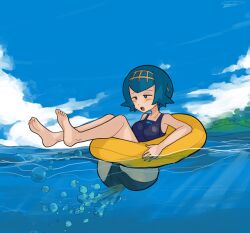 ass barefoot blue_hair bubbles cameltoe fart fart_fetish farting farting_underwater feet float_ring floatie in_water lake lana_(pokemon) one-piece_swimsuit open_mouth pokemon pokemon_sm pool_toy ring_floatie scat swimsuit swimwear usagaijin water