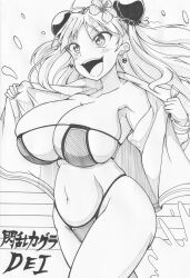 1girls :d ahoge armpits bangs bikini collarbone earrings english_text eyebrows_visible_through_hair female flower flower_in_hair groin ha_jin hair_ornament hibiscus huge_breasts japanese_text light-skinned_female light_skin long_hair midriff monochrome navel open_mouth parted_bangs pencil_(artwork) renka_(senran_kagura) senran_kagura simple_background skindentation smile solo splashing text thick_thighs undressing walking water