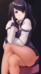 1girls ass asymmetrical_bangs bangs black_hair crossed_legs female female_only finalcake highres huge_ass jill_stingray julianne_stingray leg_lift legs long_hair looking_at_viewer pantyhose parted_lips pencil_skirt red_eyes sitting skirt solo thick_thighs thighs va-11_hall-a